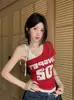 9208# Camiseta de Manga Corta con Diseño Falso de Dos Piezas, Bloques de Color, Estampado de Letras, para Mujer, Estilo Chica Picante, Hombros Descubiertos, Tirante, Almohadilla en el Pecho, Ajuste Delgado