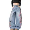 Calça jeans preta para mulheres, nova para o outono de 2026, com bordado, corte reto solto, lavada, calça longa versátil de perna larga, moderna