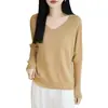 Suéter de malha V-neck de algodão puro estilo minimalista para mulheres, top suéter fino de cor sólida, camisa base versátil 100% algodão