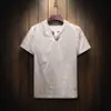 Camiseta de Lino de Manga Corta para Hombre Verano Holgada de Media Manga Talla Grande Camiseta de Algodón y Lino Color Sólido Transpirable Cuello en V Top Delgado para Hombre