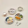 Plato llano de acero inoxidable para uso doméstico, plato especial para alimentar bebés, plato infantil anticaídas y antichispas, vajilla con ventosa, bol para arroz y cuchara