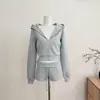 Sudadera gris corta con capucha y manga larga, chaqueta casual de ajuste holgado tipo air-layer, conjunto gris de dos piezas de algodón de fibra larga de Xinjiang