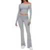 26 Traje de Pantalón de Campana de Cintura Baja Sexy Ajustado de Color Puro con Hombro Oblicuo, Moda Nueva de Exportación Europea y Americana de Amazon para Mujer