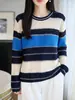 Nueva colección otoño e invierno 2026: Suéter de lana de punto fino con cuello redondo, manga larga, bloques de color para mujer, calado, top base de ajuste holgado