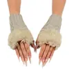 Manguitos de punto cálidos y a prueba de frío para mujer, sin dedos, decorativos, para otoño e invierno, estilo japonés, color liso con bordes peludos