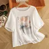# 606 camiseta de algodón y lino de manga corta con estampado retro, corte holgado, talla grande, para mujer, top base de lino para verano en blanco y caqui