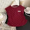 Camiseta de Verano para Niña de Manga Corta Bebé Elegante Personalidad Infantil Marca de Moda Estilo Coreano Hombro Caído Lunares Letra Manga Media Top