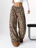 Marca independente transfronteiriça, estilo europeu e americano, calça pantalona com estampa de leopardo para mulheres, cintura alta, fluida, comprimento até o chão, modelagem solta, modeladora, casual e adequada para o uso diário