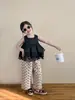 Verano 2025 nuevo ropa infantil coreana niñas encaje doble chaleco muñeca camisa camisa lunares pantalones rectos