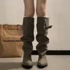Botas largas retro de tacón grueso con punta para mujer, nuevo estilo de verano 2026, para aumentar la altura de mujeres petite, adecuadas para combinar con faldas, botas largas apiladas