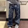 Jeans Retro Americanos con Estampado de Letras Lavados Desgastados de Calle Pierna Recta Micro-Campana para Hombres y Mujeres