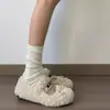 Zapatos planos de pelo estilo hada para mujer, nuevo calzado de exterior para otoño/invierno, con lazo, forrados de felpa para abrigar, zapatos de algodón con forma de frijol, zuecos