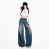 Jeans femininos de perna larga, fluidos, com lavagem em denim, estilo americano com lavagem desgastada, calças compridas azuis, comprimento estendido azul, algodão de primavera, 2026