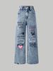 Produtos Personalizados Transfronteiriços Exclusivamente para a Amazon na Europa e América. Calça Jeans Wide-Leg com Estampa de Flocos de Neve para Meninas Adolescentes, Cintura Alta e Leve