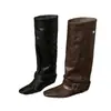 Botas de montar de tubo alto retro con textura de piel de oveja y hebilla de cinturón, con plataforma para aumentar la altura, botas altas hasta la rodilla para mujer, botas largas estilo western adelgazantes