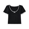 Camiseta Vintage Ballet Contraste Renda Costura Slim-fit Feminina Verão Decote U Laço Estilo Bm Top Tricotado Manga Curta