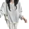 Suéter tejido casual de rayas azules con color de contraste, nuevo top pullover holgado para mujer de primavera y otoño, moderno