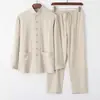 Traje Tang de lino y algodón para hombre, traje chino de manga larga con hebilla retro, traje de Tai Chi chino holgado para hombres de mediana edad y mayores.