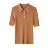 Linda Camiseta de Malha Manga Curta com Gola Polo em Fio Alemão Yangtze 120S, Suéter Fino Base de Lã para Mulheres
