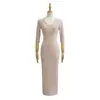 Vestido Bodycon Sexy Alto de Cuello en V para Mujer Estilo Puro Deseo Vestido Largo Chica Caliente Kardashian Manga Larga Vestido Base Cepillado