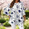 Nuevo Top de Comercio Exterior Transfronterizo Estilo Redondo Azul y Blanco Floral Manga Tres Cuartos, Camiseta Suelta y Elegante de Manga Corta