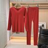 Conjunto de Roupa Térmica Feminina com Decote em V Outono 2026 Novo Primavera e Outono Malha Macia Slim-Fit Camada Base Top e Calça