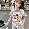 Camiseta Listrada de Algodão Puro para Meninas Verão Top de Manga Curta Infantil Soltinho Versátil Camisa Básica Roupa Infantil