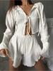 Cardigan Blanco de Manga Larga con Cordones y Volantes, Shorts, Pijama Jacquard Cortado, Ropa de Casa para Mujer, Primavera y Verano 2025