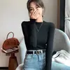 H528 Camisa de cuello medio alto para mujer, ropa interior para mujer, camisa de base lijada para otoño e invierno, ropa exterior cálida de corte entallado, camiseta de manga larga.