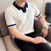 Polo de Punto de Manga Corta a Color de Contraste para Hombre Verano Ajustado Guapo Negocios Hielo Seda Solapa Camiseta Manga Corta Paul Top T