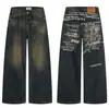 Jeans Wide Leg Lavado Desgastado com Estampa de Letras Streetwear Retro Americano Outono Masculino e Feminino Calça Longa Reta Tendência