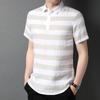 Camiseta de Lino de Manga Corta para Hombre con Cuello Solapa Rayas Transpirable Verano Nueva Llegada Estilo Chino Nacional Tendencia Top para Jóvenes y Adultos