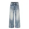 K5591 Calle Alta Estilo Americano Unisex Streetwear Azul Lavado Diseño de Rayos Jeans Vintage Holgados para Hombre