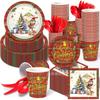 Mm305 Cuadros Navideños Árbol de Navidad Fiesta Navideña Vacaciones Cumpleaños Vajilla para 8 Personas Set de 4 Piezas Platos de Papel Servilletas de Papel Vasos de Papel