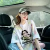 Camiseta Holgada Estampada de Algodón Puro Estilo Coreano para Mujer, Top Elegante de Verano con Bloques de Color Degradados de Longitud Media que Cubre el Vientre