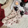 Calcetines de Lana para Mujer, Calcetines de Media Caña de Gato Lindo de Dibujos Animados, Calcetines Holgados de Encaje con Patrón de Diamantes de Estilo Japonés, Calcetines Rojos del Año del Zodiaco