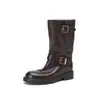 Botas estilo Martin de piel de vacuno de capa superior para mujer, botas de motociclista, nuevo modelo otoño e invierno, piel genuina por dentro y por fuera, punta redonda, botas de media caña con hebilla para mujer