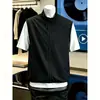 Camiseta sin mangas de verano para hombre, estilo americano, transpirable, protectora del sol, de seda artificial negra, sensación fresca, manga corta, de dos piezas falsas, deportiva, secado rápido, manga corta