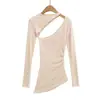 Sy9185-25 Novo Estilo Outono Estilo Europeu e Americano Design Sexy Ombro Caído Top Removível Camiseta Básica de Manga Longa