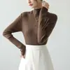 Suéter de tricô elegante estilo francês com gola semi-alta em fio core-spun, suéter feminino de manga longa, novo modelo de outono na cor damasco