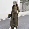 Camiseta de Manga Longa Listrada Estilo Coreano para Meninas de Meia-idade e Crianças Grandes Camada Base Outono 2026 Novidades Calça Wide Leg Infantil Tendência Criança