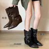 Botas apiladas con hebilla estilo retro para mujer, punta fina, tacón oculto, botas de montar, botas de moda estilo western, botas casuales versátiles para mujer