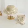 Sombrero de Paja con Cordones para Niñas, Sombrero de Sol para Playa de Verano, Set de Sombrero de Sol de Ala Plana para Bebé y Bolsa