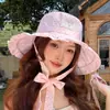 Sombrero de Pescador de Lunares Coreano para Mujer, Salida de Verano, Cordones, Moderno, Protección UV, Ala Ancha, Sombrilla, Sombrero de Protección Solar