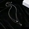 Collar de Clavícula de Cadena Fina Multicapa de Moda Retro Transfronteriza Europea y Americana con Colgante de Sol, Luna y Estrella Completamente Diamantado de Lujo Ligero para Mujer