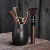 Ceremonia del Té Cerámica Negra Ébano Cobre Seis Caballeros Juego de Té de Cerámica Accesorios Oficina Sala de Estar Pinzas para Té de Bambú Herramientas para el Té Adornos