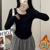 Atacado transfronteiriço outono e inverno estilo doce e picante puro gola U ombro manga longa camiseta feminina cintura plissada bottoming shirt de garota popular