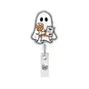 Porta-crachá retrátil de acrílico com glitter de fantasma enfermeiro para Halloween com estetoscópio e clipe jacaré