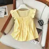 Chaleco Cárdigan Amarillo Cuadrado de Cuello Francés con Mangas Volantes Estilo Francés Petite Elegante Camisa para Mujer, Impresionante Top Tipo Muñeca de Verano