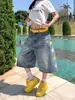 Calça Jeans Cropped Estampada Estrela Retro Americana Verão 2026 Fina Solta Lavada Shorts de Perna Larga